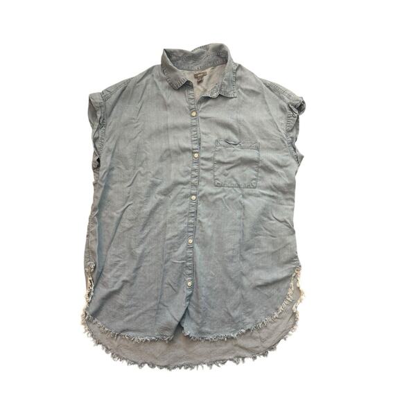 Aerie Chambray Light‎ Blue Raw Hem Collared Tank Top 100% Lyocell Large - Picture 1 of 5
